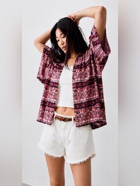 Boho Open-Front Kimono Jacket in Pink & Burgundy